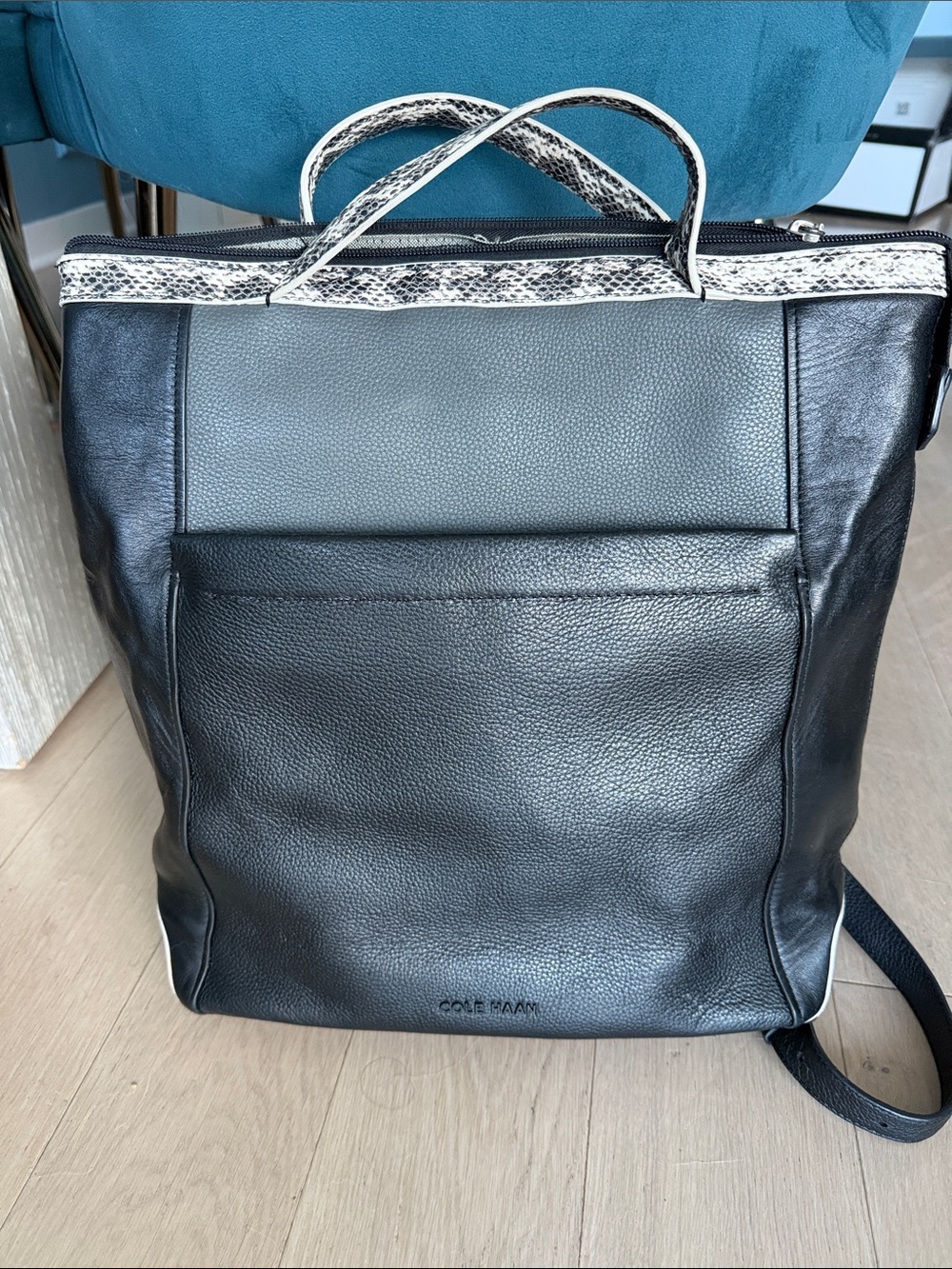 Cole Haan Black & Snake-Print Leather Tote Backpack with Dust Bag